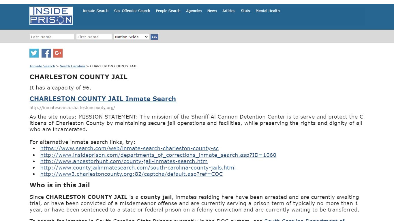 CHARLESTON COUNTY JAIL - South Carolina - Inmate Search